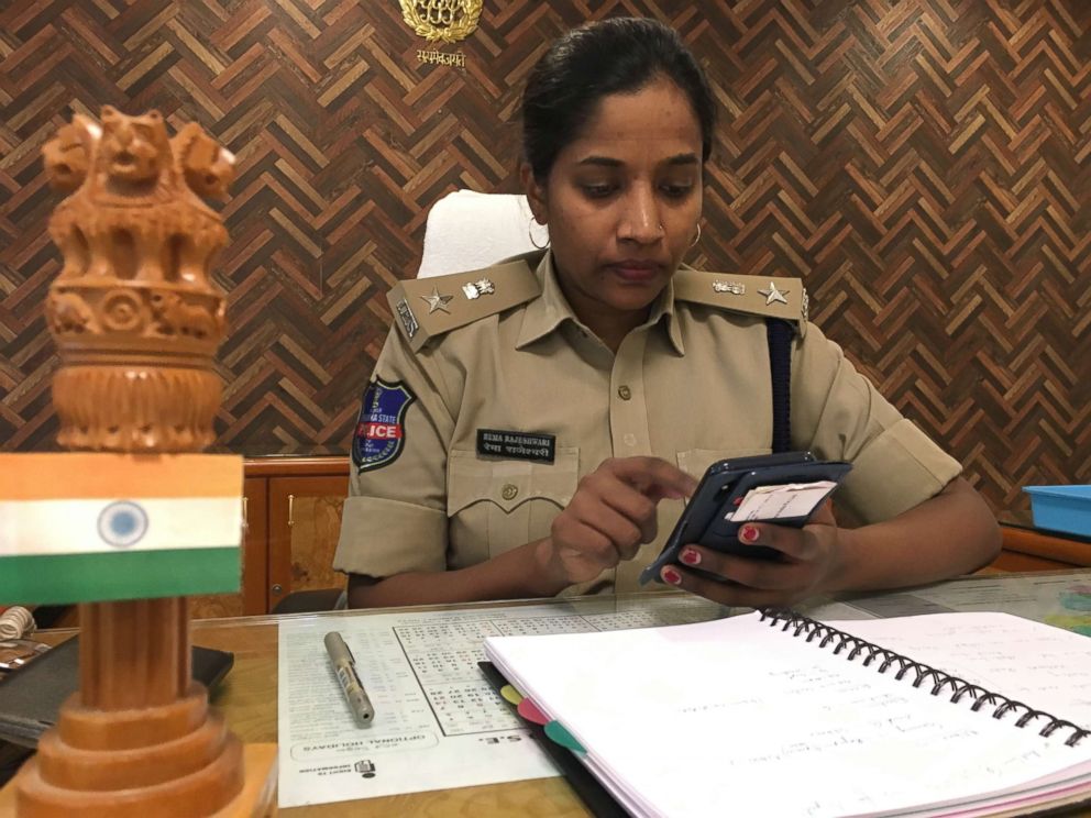 PHOTO: Rema Rajeshwari, the police superintendent of Mahbubnagar district in the Telangana state in southern India, uses a phone in her office on Sept. 30, 2018.