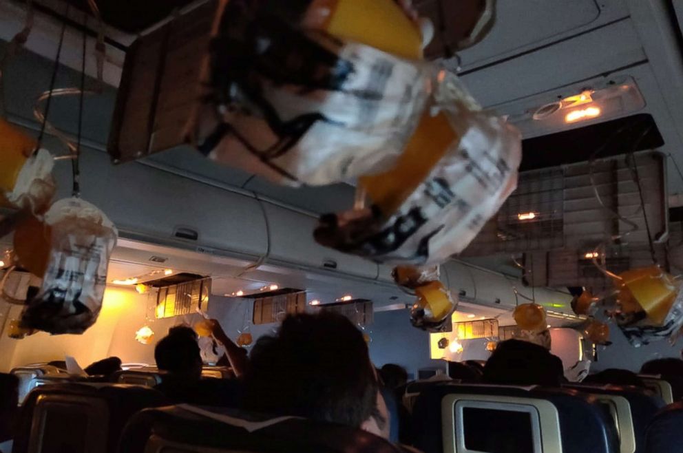 PHOTO: Oxygen masks are seen deployed after a loss of cabin pressure, on a Jet Airways flight, from Mumbai, India, Sept. 20, 2018 in this still image obtained from social media.