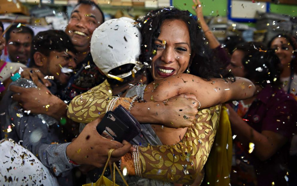 PHOTO: People celebrate the Supreme Court decision to strike down a colonial-era ban on gay sex, in Mumbai, India on Sept. 6, 2018. 