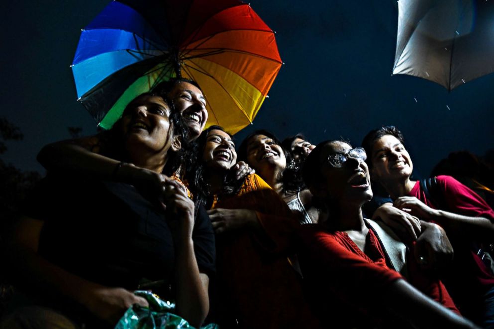 PHOTO: People in New Delhi celebrate India's Supreme Court decision striking down a colonial-era ban on gay sex in Mumbai on Sept. 6, 2018. 