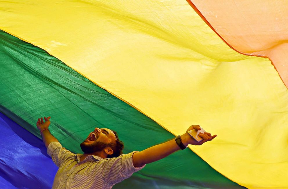 PHOTO: A member of the lesbian, gay, bisexual, transgender (LGBT) community celebrates India's Supreme Court decision to strike down a colonial-era ban on gay sex, in Mumbai on Sept. 6, 2018.