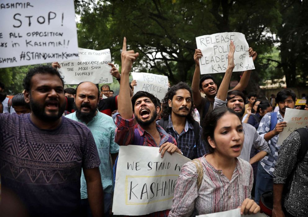 PHOTO: Left party supporters and students shout slogans during a protest against Indian government revoking Kashmir's special constitutional status in New Delhi, India, Aug. 5, 2019.