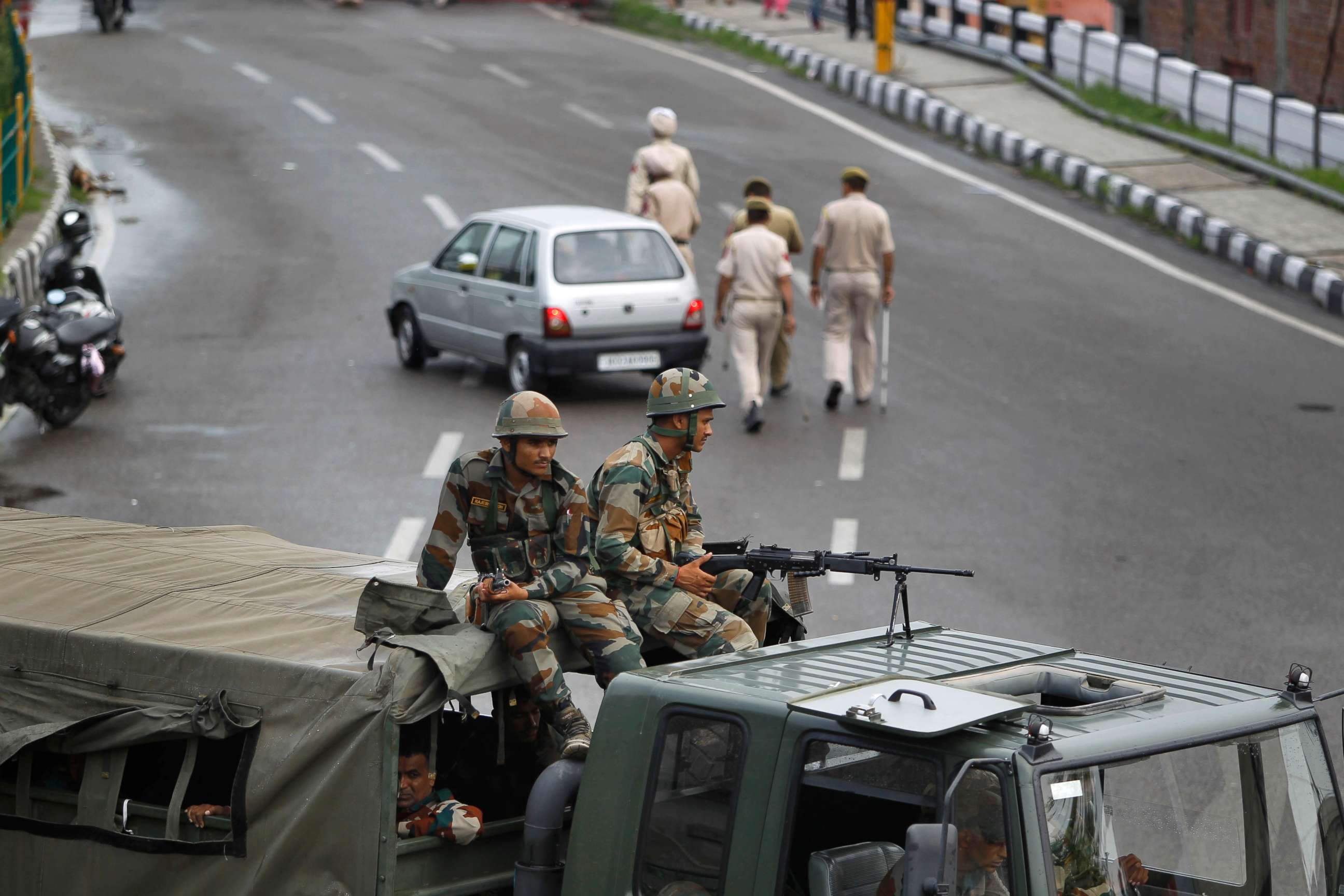 PHOTO: Indian army soldiers guard during restrictions in Jammu, India, Aug. 5, 2019.