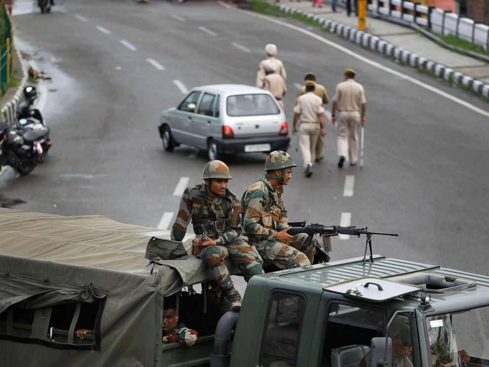 PHOTO: Indian army soldiers guard during restrictions in Jammu, India, Aug. 5, 2019.