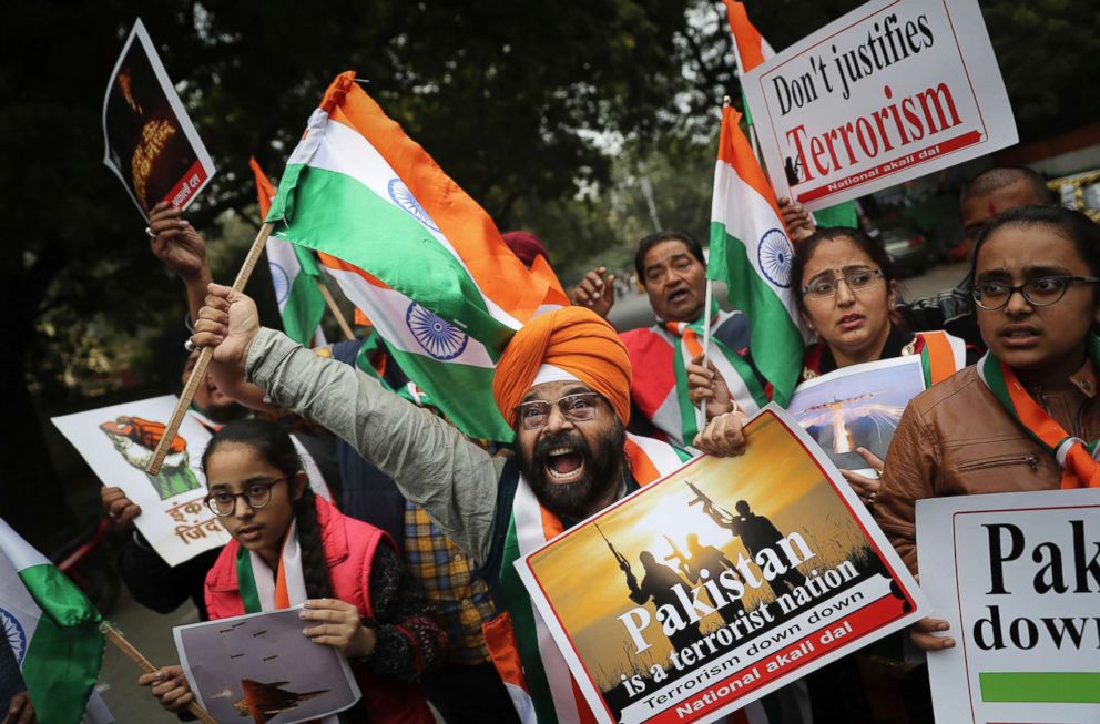 PHOTO: People celebrate reports of Indian aircraft bombing Pakistan territory, in New Delhi, India, Feb. 26, 2019. Pakistan says Indian aircraft crossed into its territory in the latest escalation between the nuclear-armed rivals.