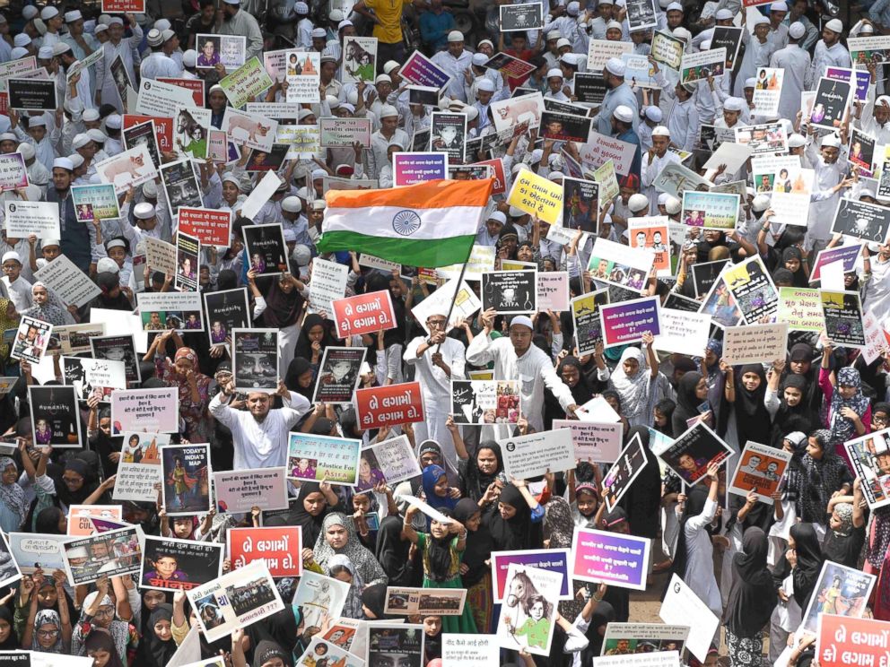 PHOTO: Indian students in Ahmedabad, India protest in support of rape victims in Jammu and Uttar Pradesh, April 15, 2018.