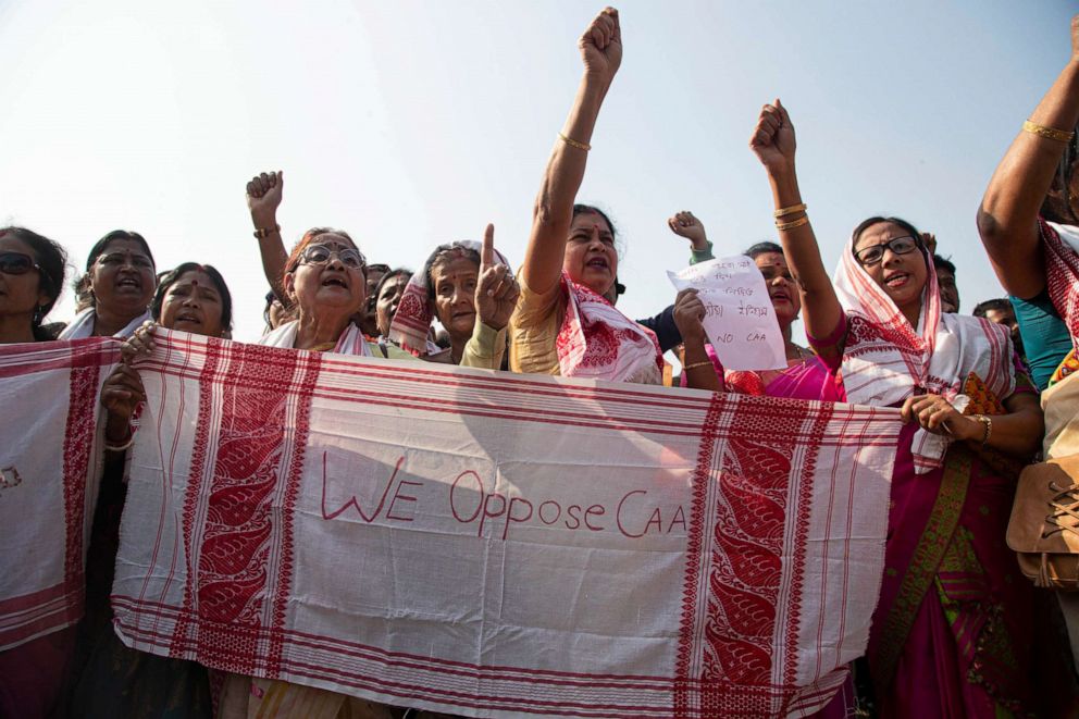 PHOTO: People shout slogans during a protest rally against the Citizenship Amendment Act in Gauhati, India, Dec. 17, 2019.