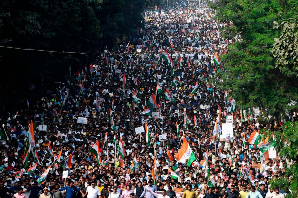 PHOTO: Supporters and activists of Trinamool Congress (TMC) participate in a mass rally to protest against the Indian government's Citizenship Amendment Act (CAA) in Kolkata on Dec. 16, 2019.