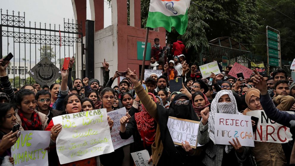 PHOTO: Students of the Jamia Millia Islamia University shout slogans during a protest in New Delhi, India, Dec. 17, 2019.