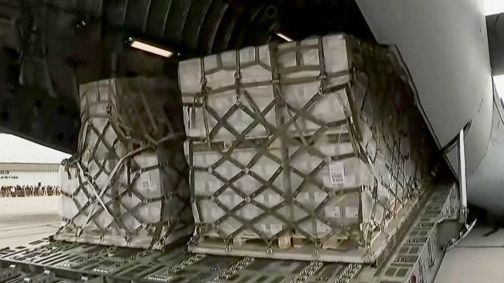 PHOTO: A shipment of infant formula arrives via plane in Indianapolis, May 22, 2022.