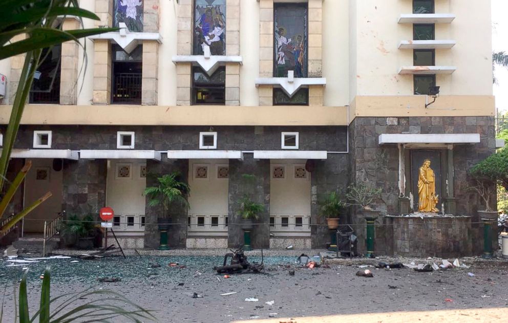 PHOTO: Debris are seen outside Santa Maria church where an explosion went off in Surabaya, East Java, Indonesia, May 13, 2018.