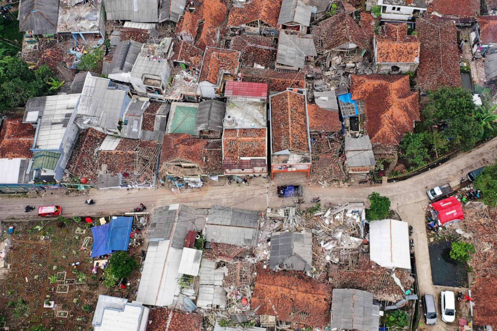 PHOTO: An aerial view shows damaged and collapsed houses in Cugenang, Cianjur on Nov. 23, 2022, following a 5.6-magnitude earthquake on November 21.