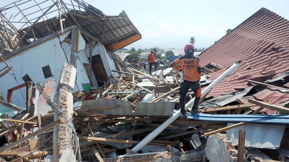 PHOTO: Search and Rescue team members search for victims at Balaroa, in Palu, Central Sulawesi, Indonesia. Oct. 3, 2018.