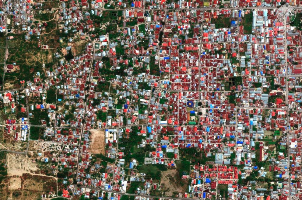 PHOTO: A satellite image taken Aug. 17, 2018 shows the Balaroa neighborhood of Palu, Indonesia.