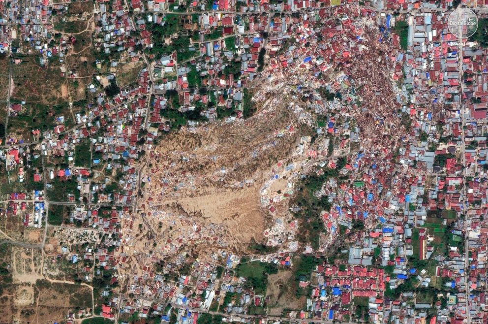 PHOTO: A satellite image provided on Oct. 1, 2018 shows the Balaroa neighborhood of Palu, Indonesia, after an earthquake and subsequent tsunami caused heavy damage to the area.