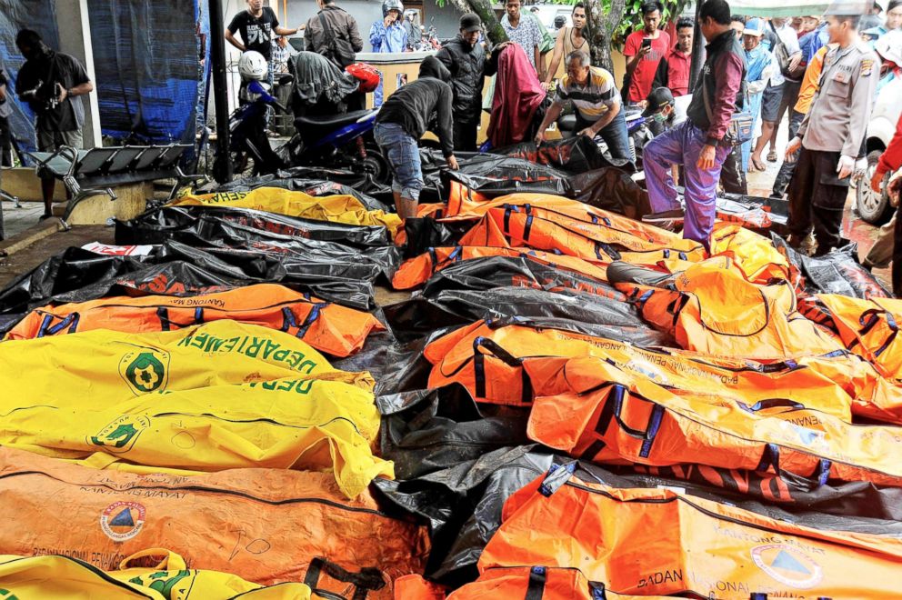 PHOTO: Bodies of tsunami victims are collected at a local health facility after a tsunami hit Carita in Pandeglang, Banten province, Indonesia, Dec. 23, 2018.