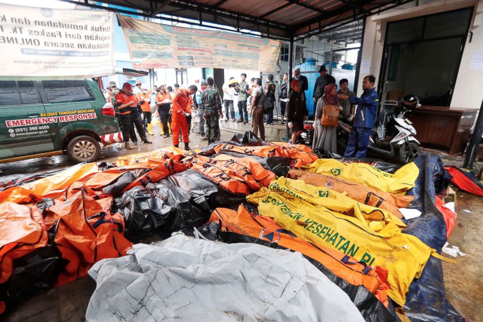 PHOTO: The bodies of tsunami victims are collected at a health facility after a tsunami hit the Sunda Strait in Pandeglang, Banten, Indonesia, Dec. 23, 2018. 