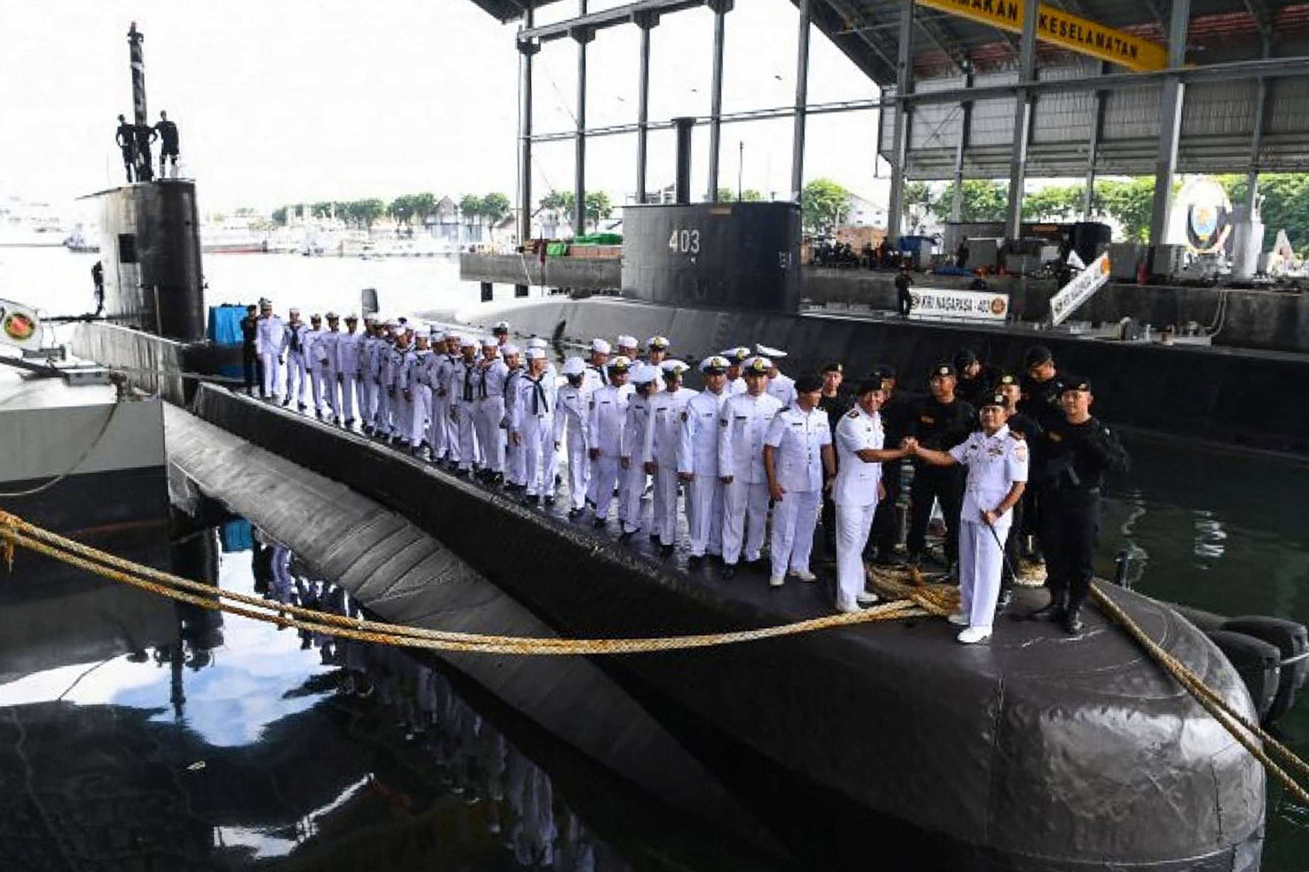 PHOTO: The crew and officers are seen onboard the Indonesian Cakra class submarine KRI Nanggala at the naval base in Surabaya, Feb. 20, 2019.