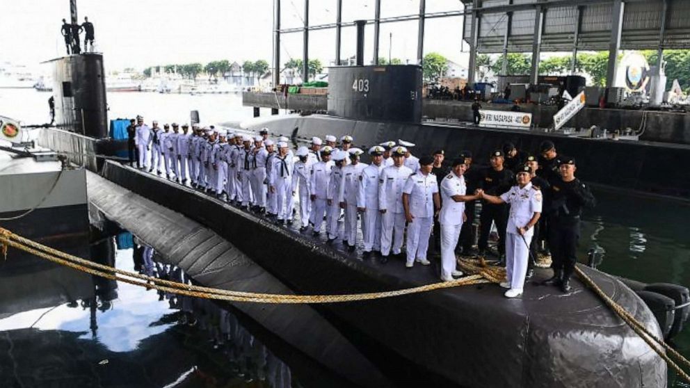 PHOTO: The crew and officers are seen onboard the Indonesian Cakra class submarine KRI Nanggala at the naval base in Surabaya, Feb. 20, 2019.