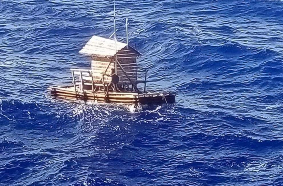 PHOTO: In this undated photo released by Indonesian Consulate General in Osaka, 18-year-old Aldi Novel Adilang is seen on a wooden fish trap floating in the waters near the island of Guam.