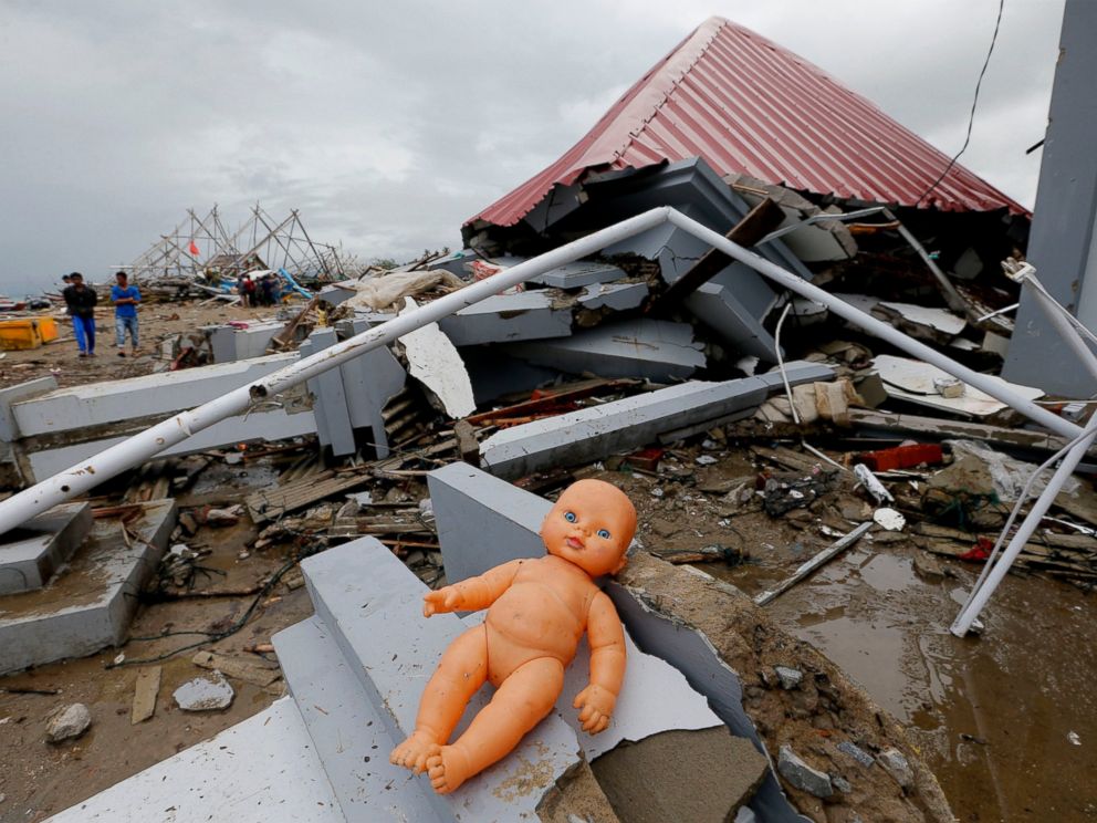 PHOTO: A doll lays outside a damaged house following the tsunami in Sumur, Indonesia, Tuesday, Dec. 25, 2018.