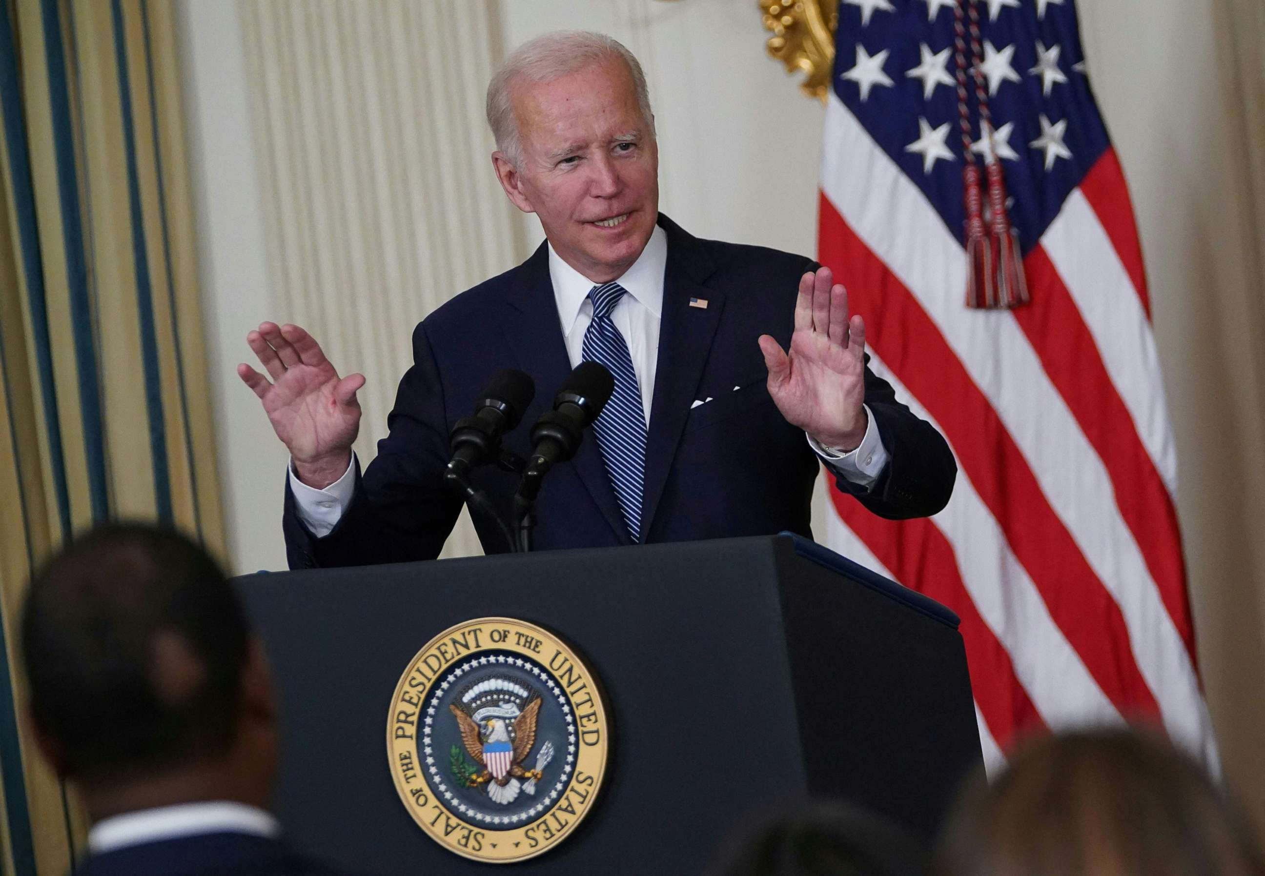 PHOTO: President Joe Biden speaks during a signing ceremony for H.R. 5376, the Inflation Reduction Act of 2022, in the State Dining Room of the White House, Aug. 16, 2022.