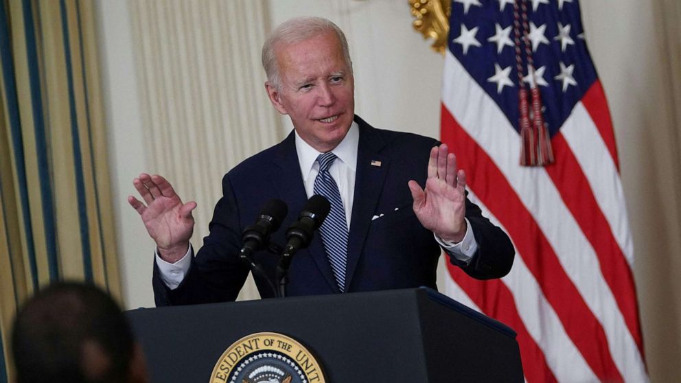 PHOTO: President Joe Biden speaks during a signing ceremony for H.R. 5376, the Inflation Reduction Act of 2022, in the State Dining Room of the White House, Aug. 16, 2022.