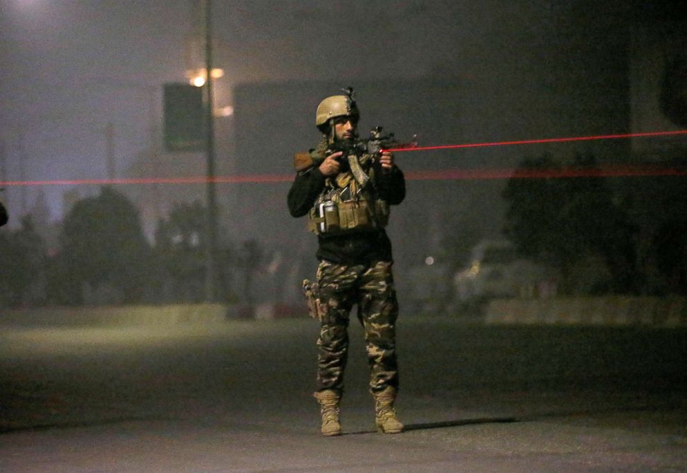 PHOTO: An Afghan security force keeps watch near the site of an attack on the Intercontinental Hotel in Kabul, Afghanistan Jan. 20, 2018.