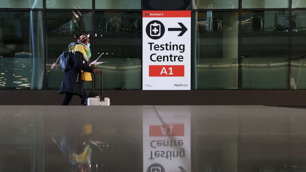 PHOTO: A covid testing centre sign at Heathrow Terminal 2, Nov.28, 2021, in London.