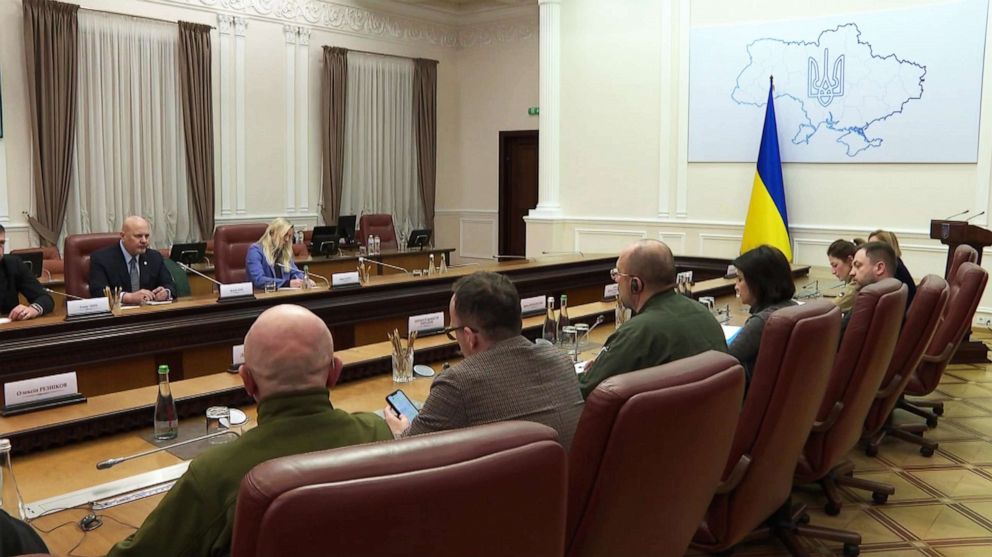 PHOTO: Chief Prosecutor of the International Criminal Court Karim Khan (L) and Ukrainian Prime Minister Denys Shmyhal (front 3-L) is shown with delegations during a meeting in Kyiv, Ukraine, April 14, 2022.