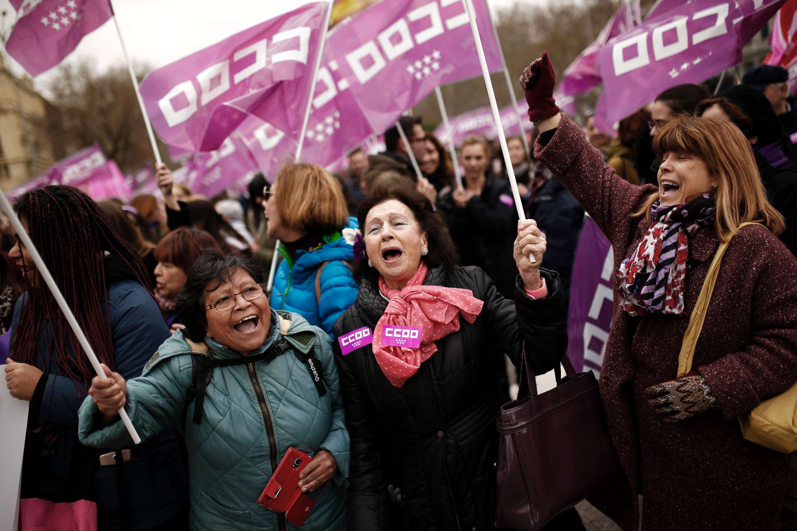 PHOTO: Women shout slogans during a protest by Spanish main unions marking the International Women's Day in Madrid, March 8, 2018.