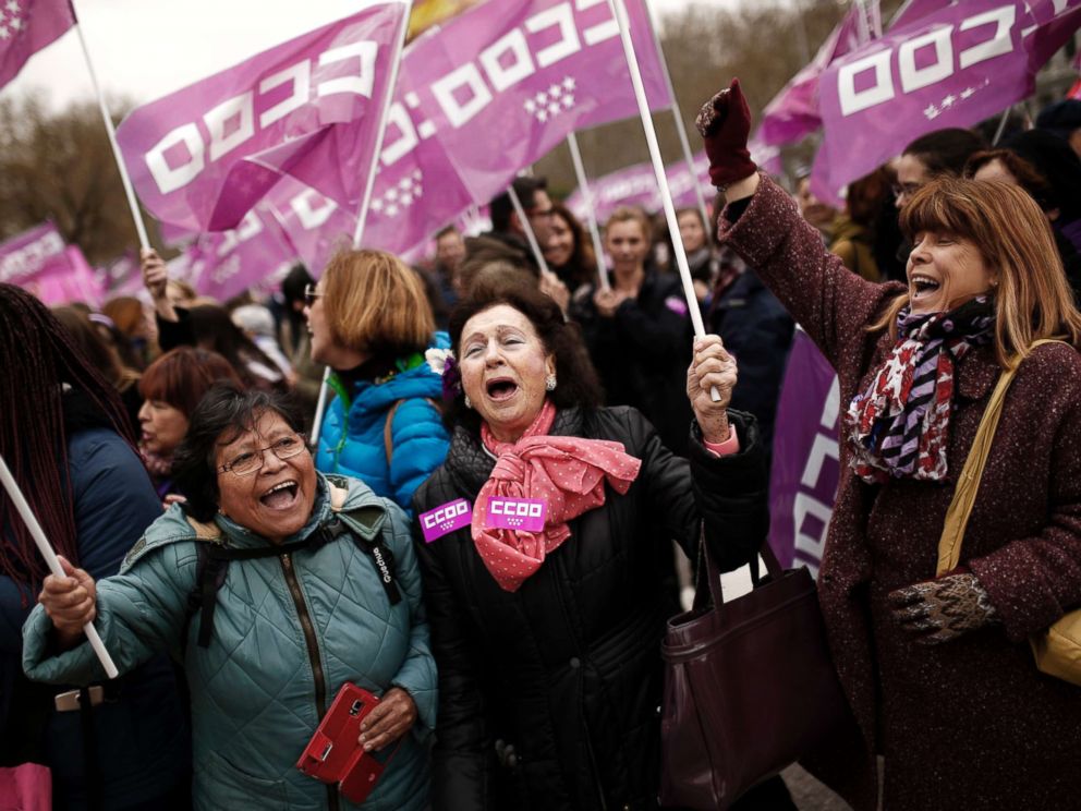 PHOTO: Women shout slogans during a protest by Spanish main unions marking the International Womens Day in Madrid, March 8, 2018.
