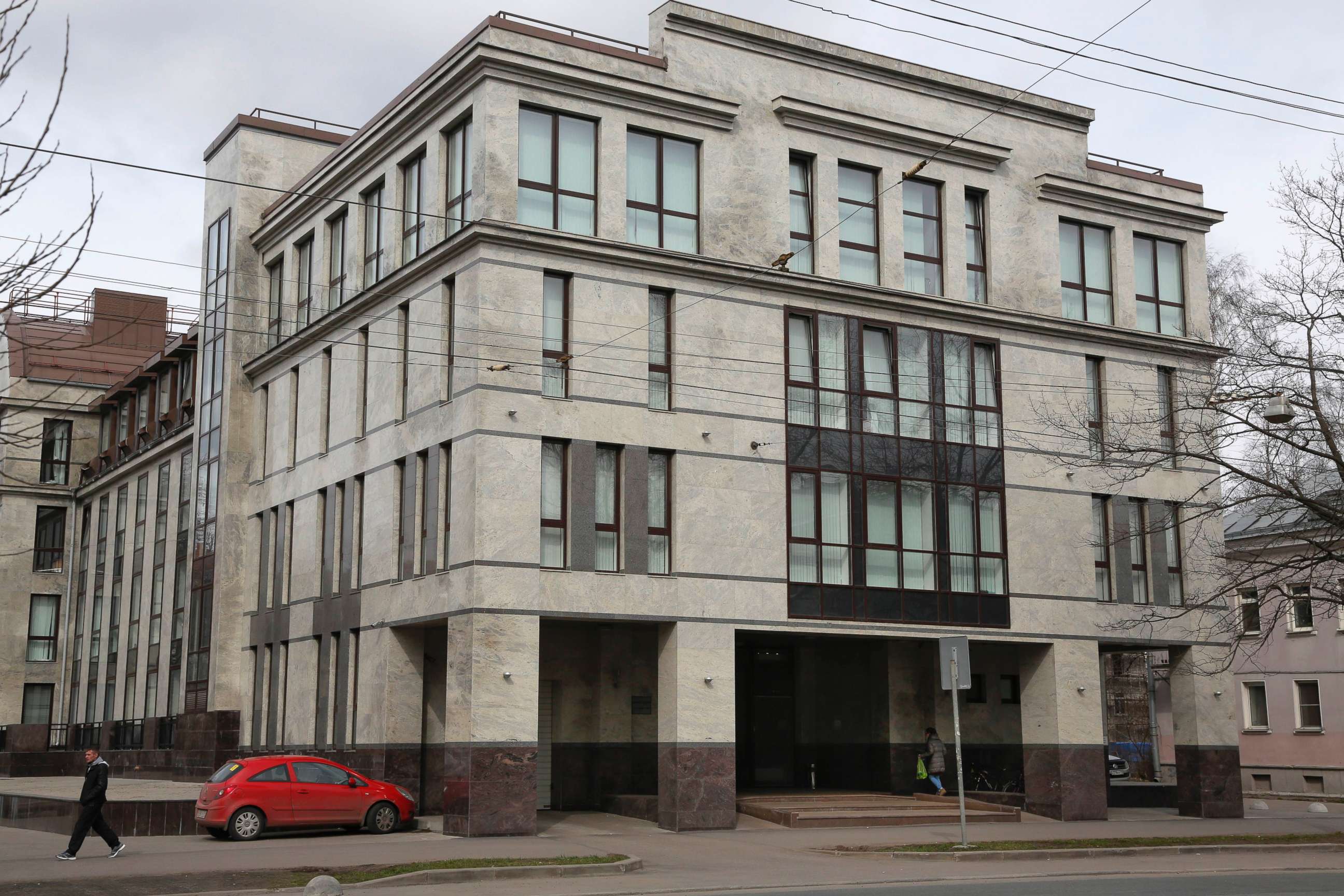 PHOTO: A women enters the four-story building known as the "troll factory" in St. Petersburg, Russia, April 19, 2015. 