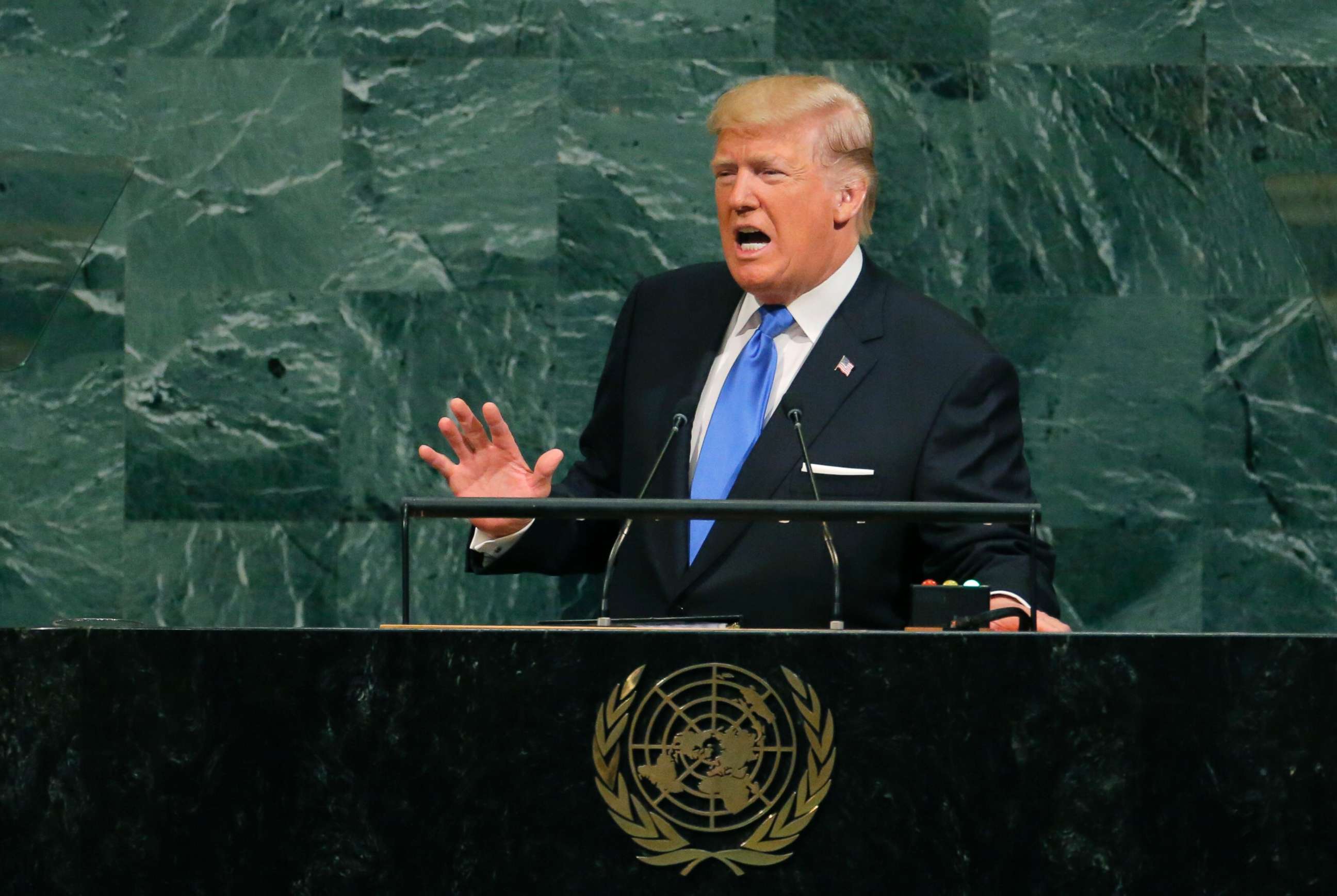 PHOTO: President Donald Trump addresses the 72nd United Nations General Assembly at U.N. headquarters in New York, Sept. 19, 2017. 