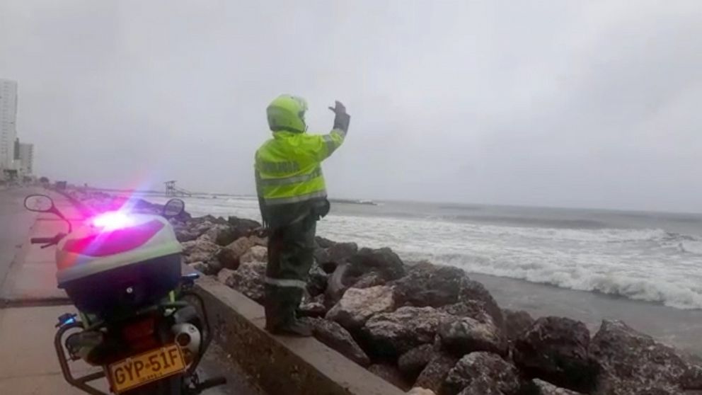 PHOTO: Police call out to people swimming illegally at a beach ahead of Hurricane Iota in Cartagena, Colombia, Nov. 15, 2020.