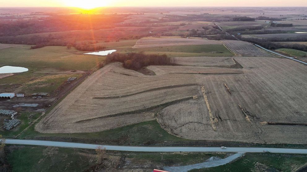 PHOTO: An aerial view of mostly harvested farmland at sunset, Oct. 30, 2020 in Lacona, Iowa.