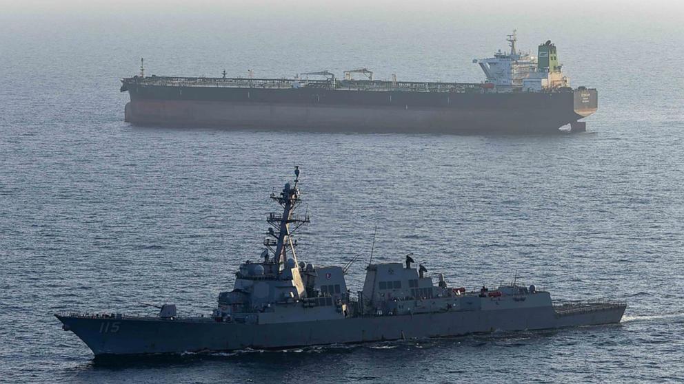 PHOTO: Guided-missile destroyer USS Rafael Peralta enforces the U.S. blockade of Iranian ports against M/T Stream after it attempted to sail to an Iranian port, April 26, 2026.