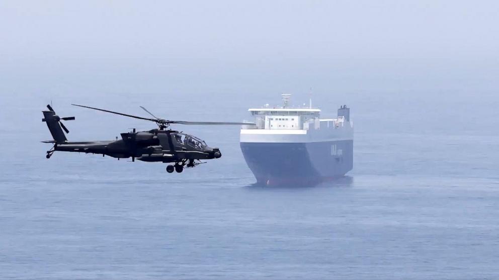 PHOTO: Adm. Brad Cooper, CENTCOM commander, flew over regional waters in and near the Strait of Hormuz in an AH-64 Apache helicopter, May 3, 2026 on the eve of U.S. military support for Project Freedom.