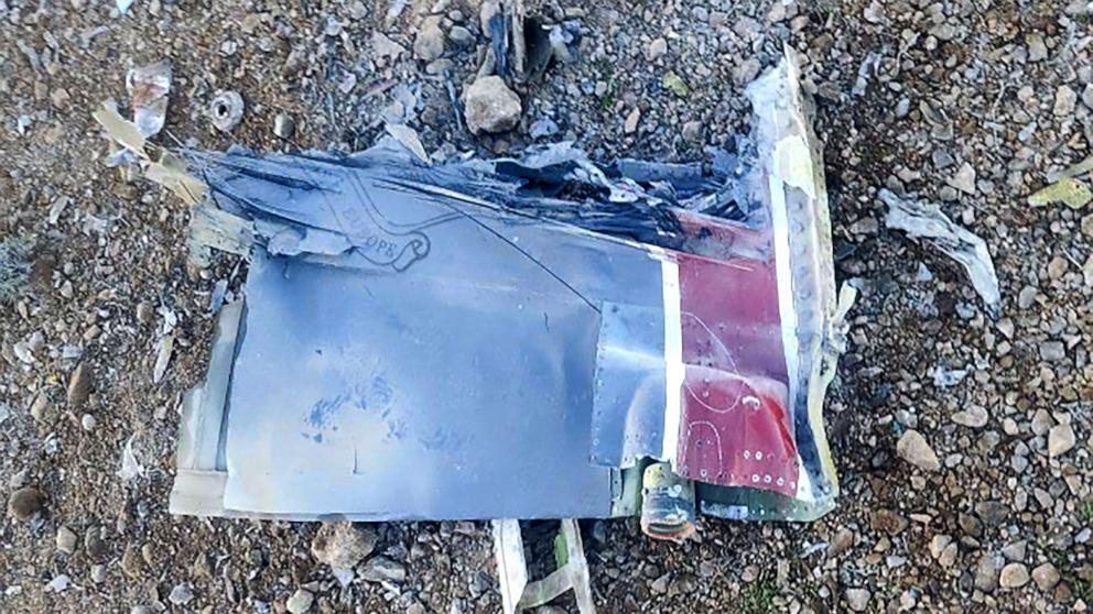 PHOTO: A photo released by Iranian state media that could not be independently verified by ABC News shows a piece of a U.S. fighter jet that has been shot down by Iran over Iranian territory.