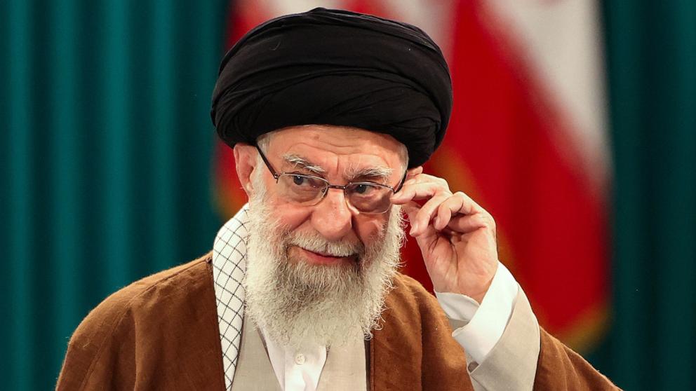 PHOTO: Iran's Supreme Leader Ayatollah Ali Khamenei adjusts his eyeglasses during a press conference after casting his ballot for the parliamentary runoff elections in Tehran, May 10, 2024.