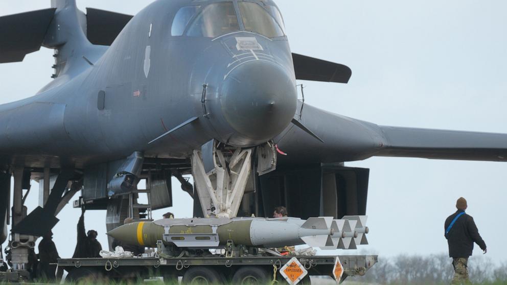 PHOTO: Ground crew prepare to load munitions onto a US Air Force B-1 bomber at RAF Fairford on March 11, 2026 in Fairford, England.