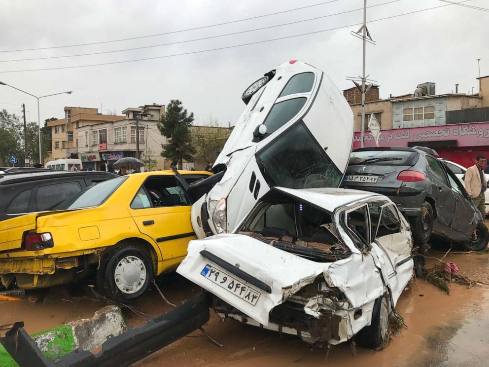 PHOTO: An image made available by Iran's Mehr News agency, March 25, 2019, shows cars pilling up in a street in the southern city of Shiraz.