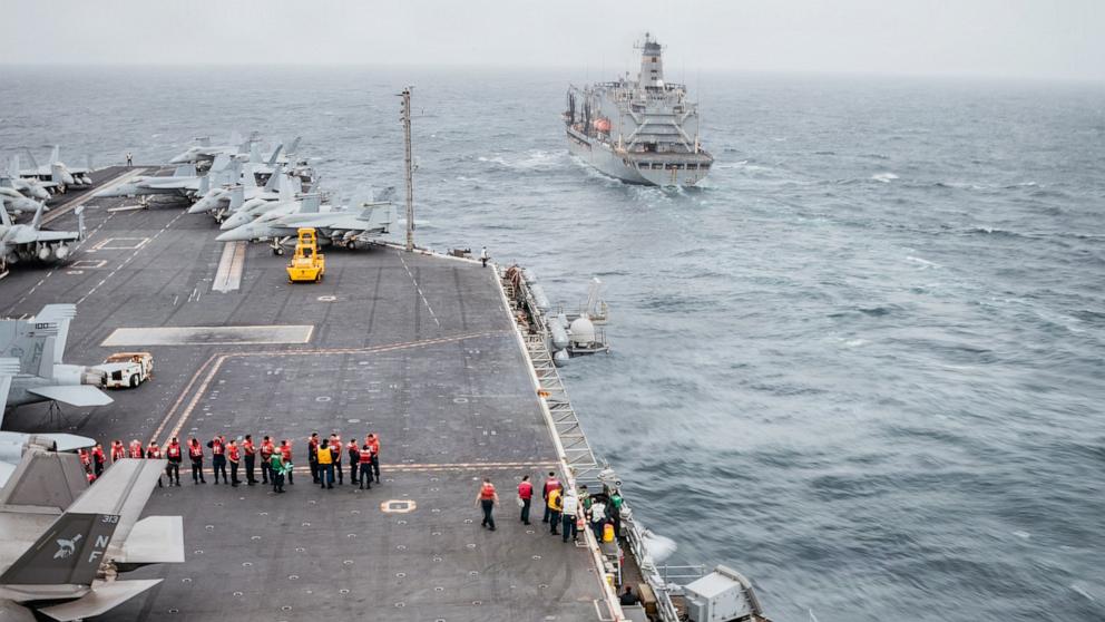 PHOTO: Nimitz-class aircraft carrier USS George Washington conducts a fueling-at-sea evolution with fleet replenishment oiler USNS Henry J. Kaiser Aug. 31, 2026.