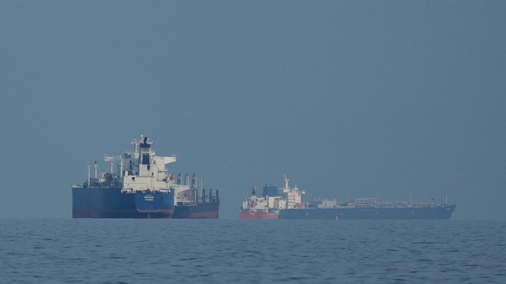 PHOTO: Oil tankers and cargo ships line up in the Strait of Hormuz as seen from Khor Fakkan, United Arab Emirates, March 11, 2026.
