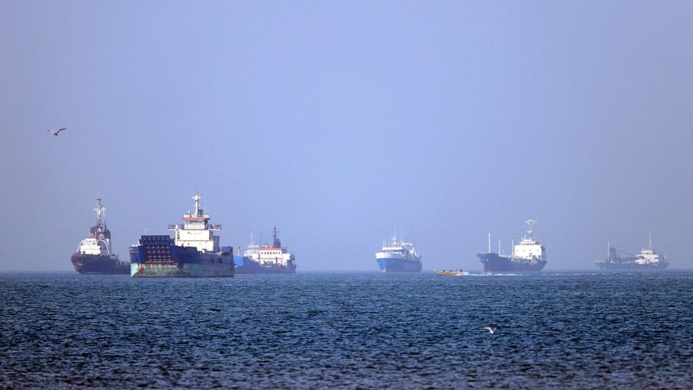 PHOTO: Vessels are pictured anchored in the Strait of Hormuz off Bandar Abbas in southern Iran, May 4, 2026.