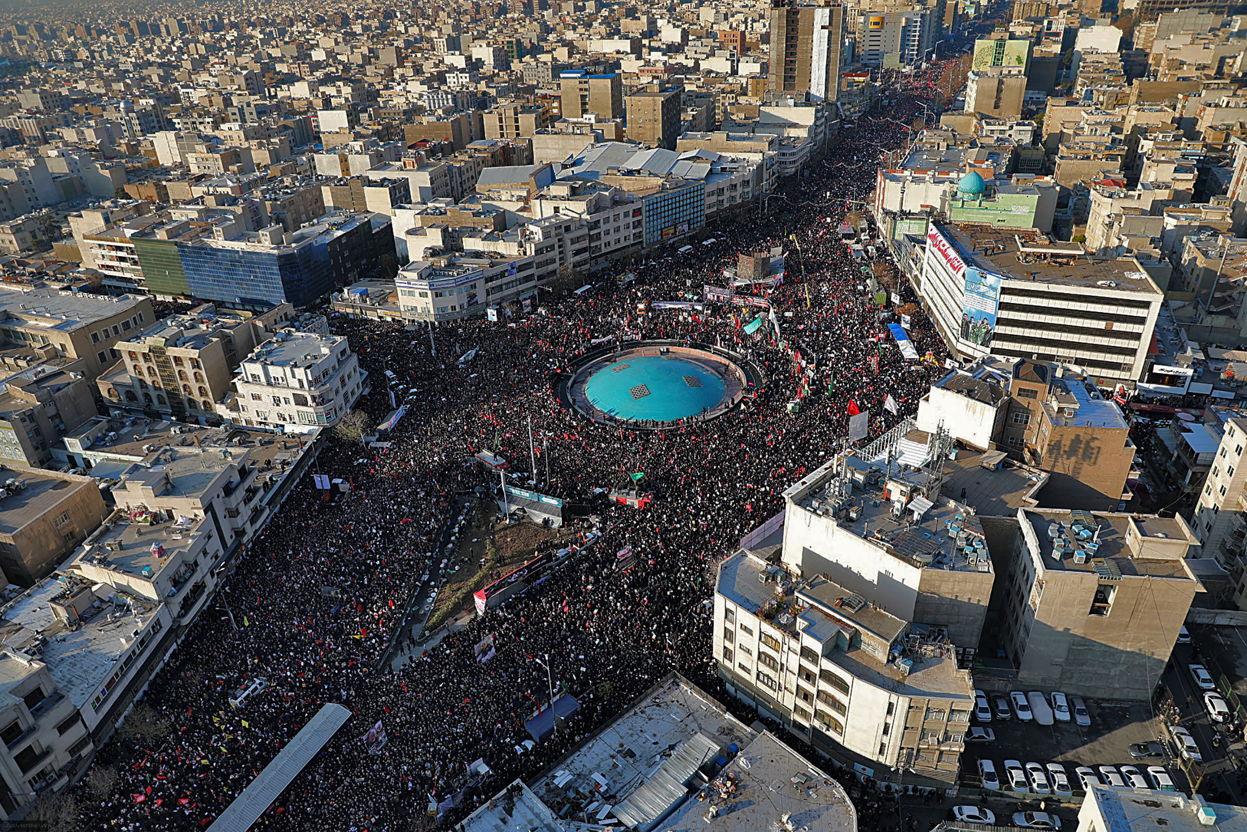 PHOTO: Mourners attend a funeral ceremony for Iranian Gen. Qassem Soleimani and his comrades, who were killed in Iraq in a U.S. drone strike on Friday, in Tehran, Iran, Jan. 6, 2020.