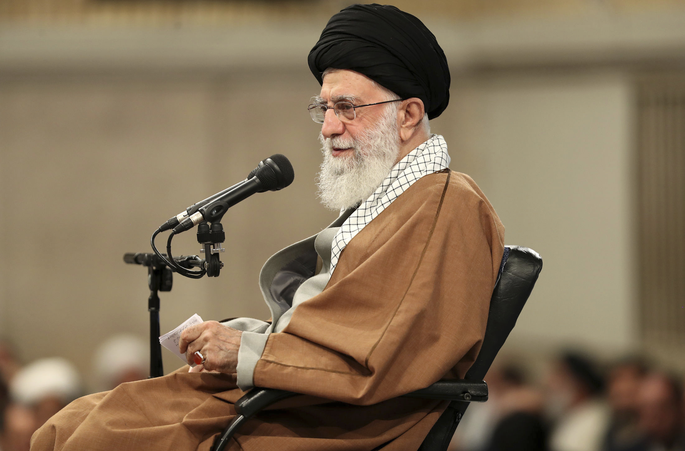 PHOTO: In this picture released by the official website of the office of the Iranian supreme leader, Supreme Leader Ayatollah Ali Khamenei speaks in a meeting with members of the Revolutionary Guard's Basij force in Tehran, Iran, Wednesday, Nov. 27, 2019.