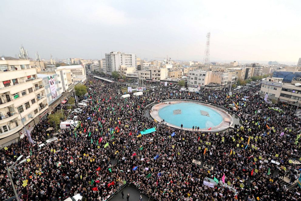 PHOTO: Iranian pro-government demonstrators gather in the capital Tehran's central Enghelab Square on Nov. 25, 2019, to condemn days of "rioting" that the Islamic republic blames on its foreign foes.