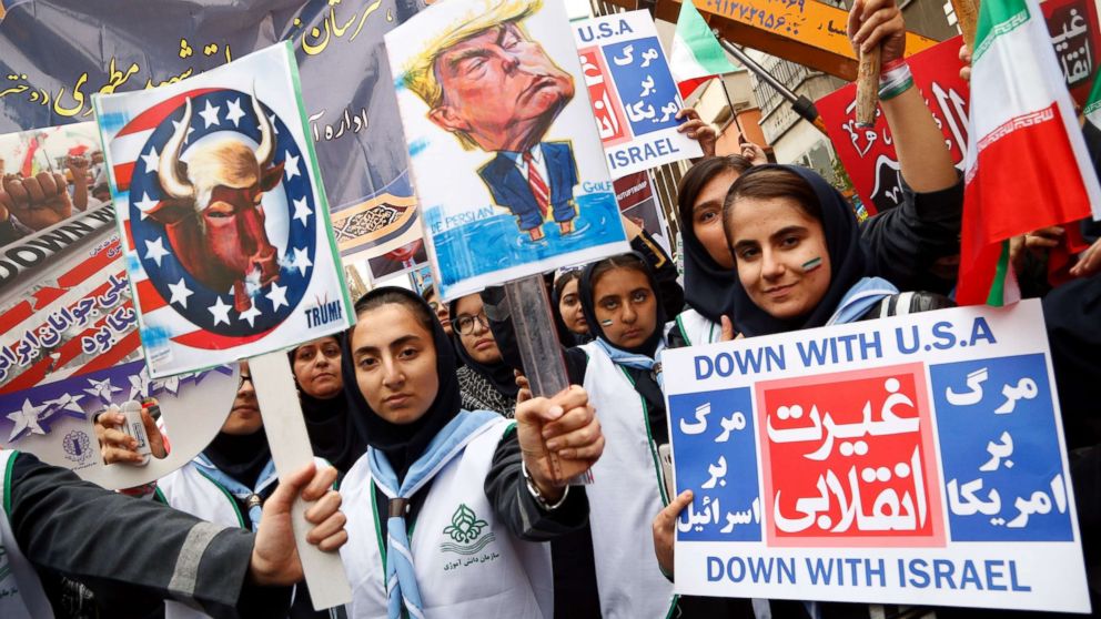 Iranians take part during the anti-U.S. demonstration marking 38th anniversary of U.S. Embassy takeover, in front of the former U.S. embassy in Tehran, Iran, Nov. 4, 2017. 