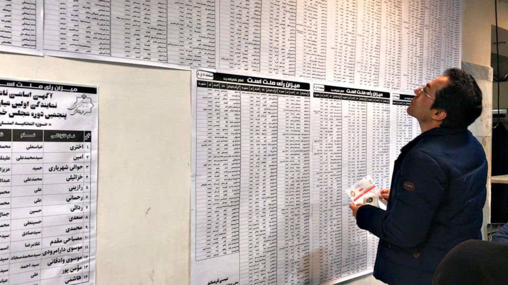 PHOTO: A man reads names on the list of candidates in Tehran, Feb. 21, 2020.